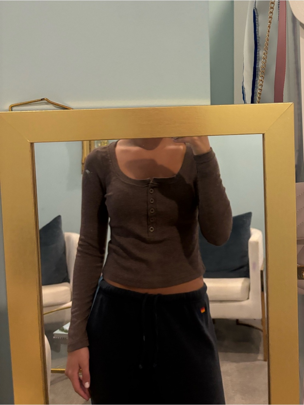 SHEIN Brown Long Sleeve Henley Ribbed Crop Top